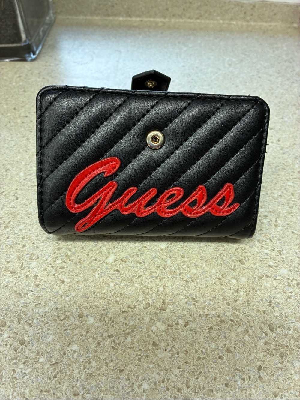 Guess Black Quilted Card Wallet with Red Script Logo